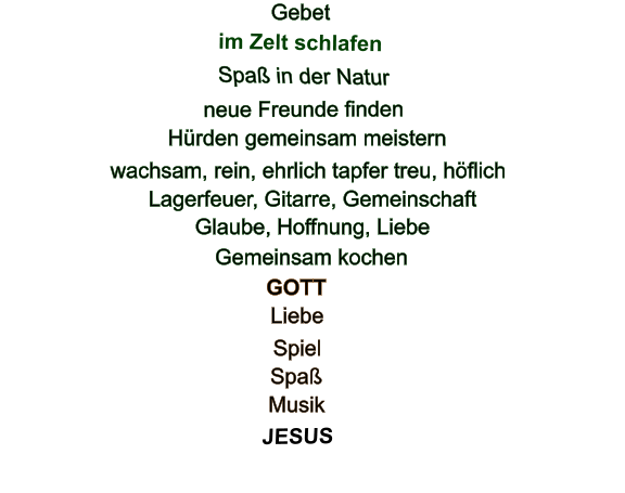 Spa in der Natur neue Freunde finden GOTT   JESUS  Musik Gemeinsam kochen im Zelt schlafen Lagerfeuer, Gitarre, Gemeinschaft Spa Liebe Spiel  Hrden gemeinsam meistern wachsam, rein, ehrlich tapfer treu, hflich Glaube, Hoffnung, Liebe  Gebet